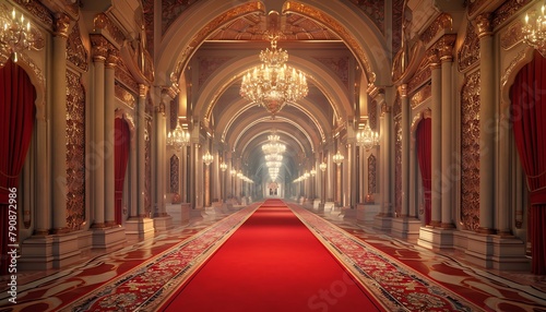 photograph capturing the grandeur of a red carpet hallway in a luxurious palace