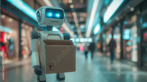 Innovative industrial robots work in warehouses to replace human labor. Artificial Intelligence Concepts for Industrial Revolution and Automation of Production Processes photo