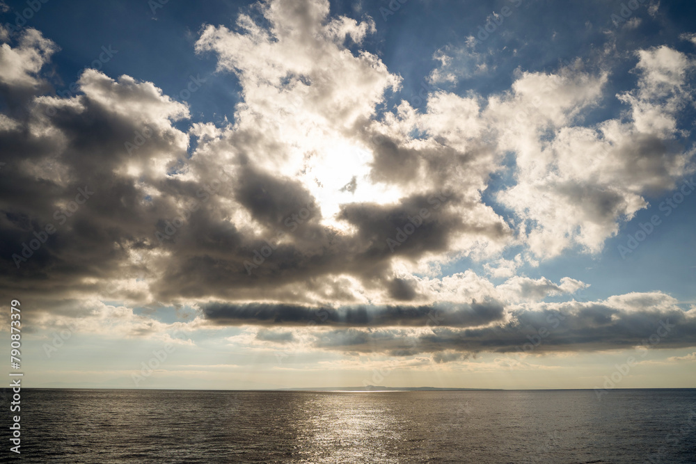 Storm Clouds Over warm mediterranean Sea Water. Stylized wide angle seascape. Dramatic sky in zante, Greece