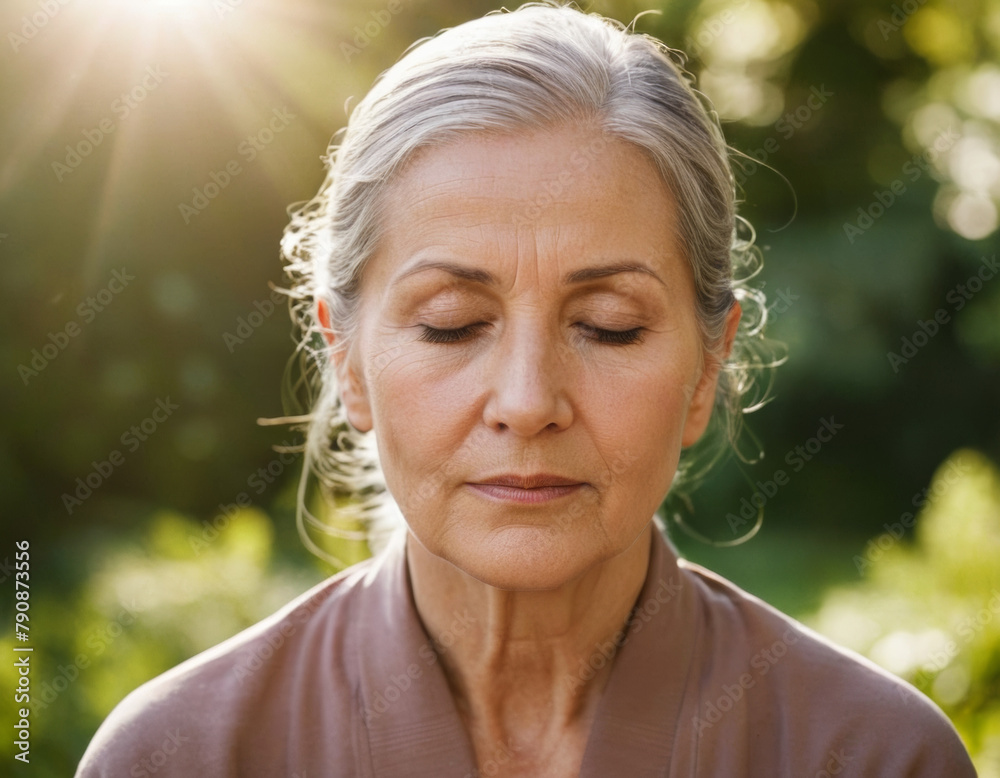 elderly lady deep in meditation amidst a tranquil garden, focusing on her peaceful countenance and the serene environment, symbolizing a harmonious balance of mind and body elderly lady deep in meditation amidst a tranquil garden, focusing on her peaceful countenance and the serene environment, symbolizing a harmonious balance of mind and body
