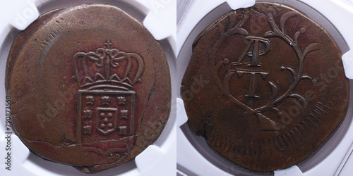 Copper Coin of Portuguese India from the reign of Miguel I king of Portugal. XIX century. Portuguese Monarchy photo