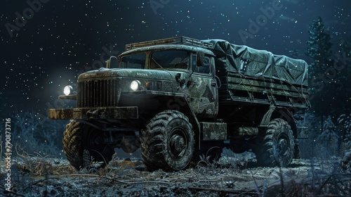 Night photo of army Off-road truck with headlights.