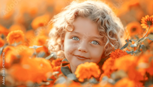 cute young smiling girl enjoys laying in the pumpkin field at a warm autumn summer day