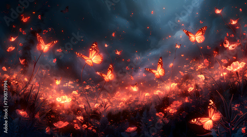 Inferno's Garden: Glowing Flora and Flame-Kissed Butterflies in Volcanic Harmony
