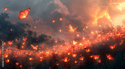 Mystic Ember Symphony: Fire-Resistant Blossoms and Ethereal Butterflies Dance