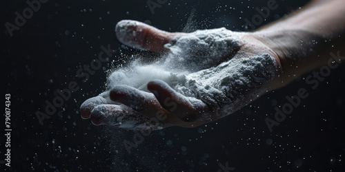 Male athlete's hand in white magnesia powder for grip on sports equipment.