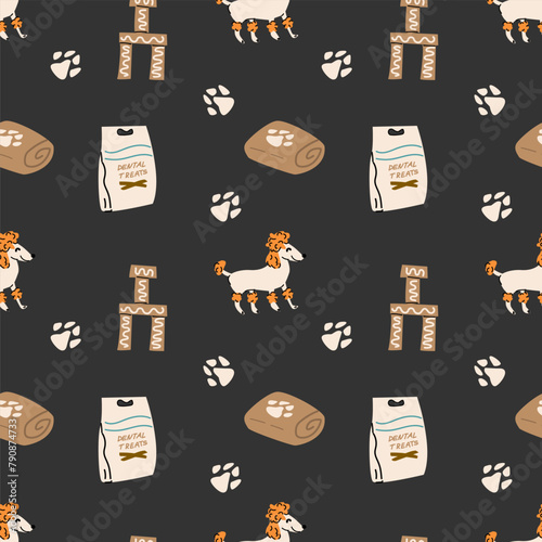 Cartoon dogs and equipment, supplies for pets and puppy seamless pattern