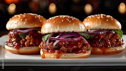   A white plate holds three sloppy Joes, each atop a bun and generously covered with BBQ sauce and caramelized onions photo