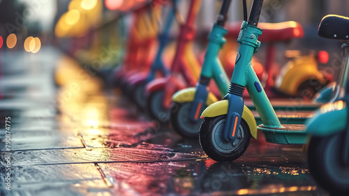 A row of vibrant, colorful scooters parked on a reflective wet pavement in an urban setting during early evening.
 photo