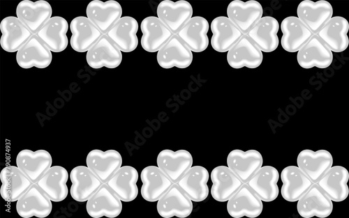Frame  3D Metal Chrome clover isolated on black background. Silver Air Ballons shamrock border with copy space. Artistic Y2K vector can used Web banner, poster, card, postcard cover design. EPS 10