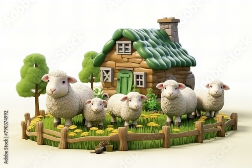 3d cartoons flock of sheep on the farm,ai generated