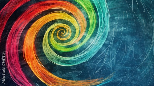 Spirals of colored chalk on a blackboard in a classroom photo