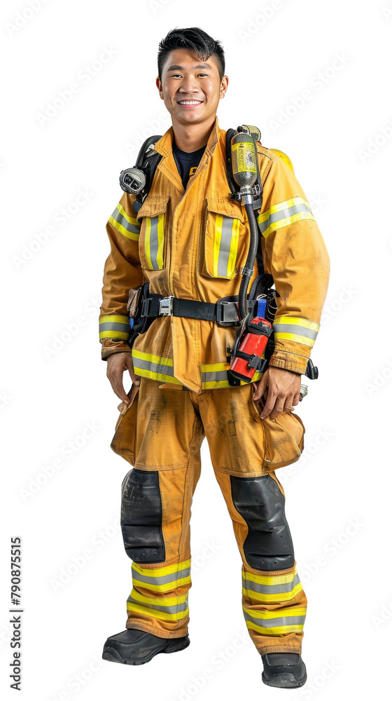 Full body photo of a smiling asian male firefighter, isolated on white