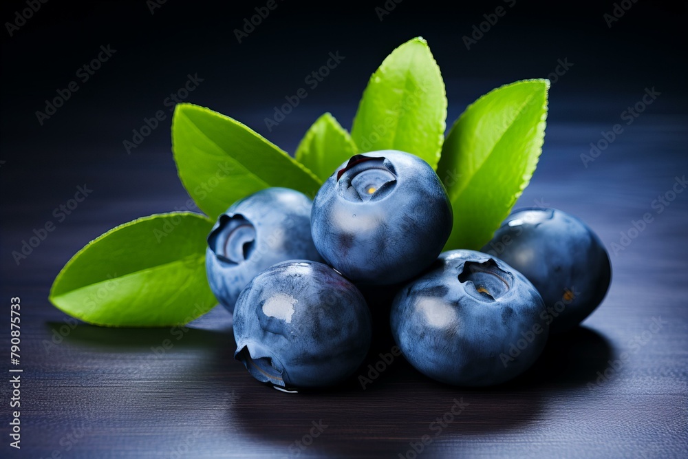 A bunch of blueberries with leaves on a blue surface.ai generated A bunch of blueberries with leaves on a blue surface.ai generated