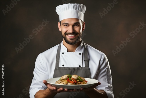 Male chef holding plate of food on dark background,ai generated