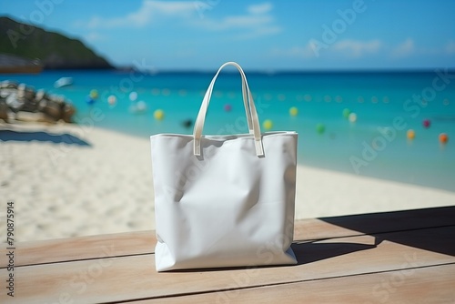 Banner with Blank white cotton tote bag shopper mockup on the beach, blue sea in the background with copy space for text. Template for eco friendly branding and summer promotions,ai generated