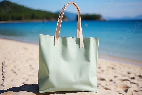 Textile blank eco bag on resort sea beach background,ai generated