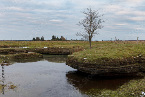 Rock outcrops (karst) and hills in Kostivere against the cloudy sky, early winter, frost on stones. Estonia.