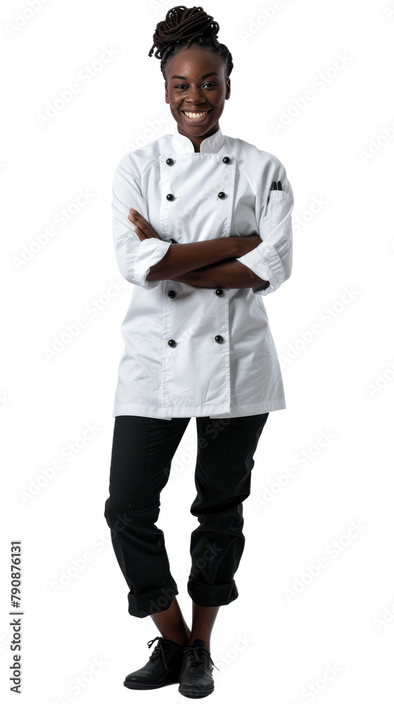 Full body photo of a smiling black female chef, isolated on white Full body photo of a smiling black female chef, isolated on white