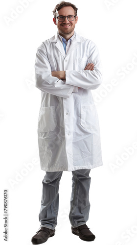 Full body photo of a smiling white male scientist, isolated on white
