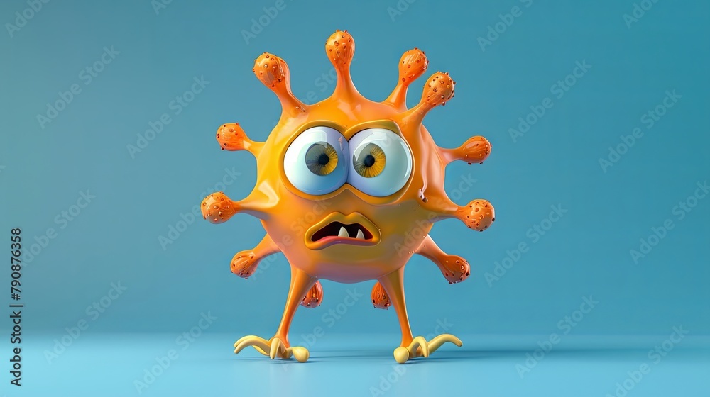Animated quirky orange virus character on blue background