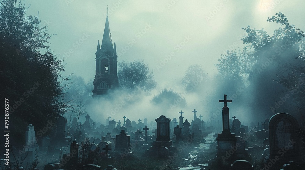 A ghostly fog over a graveyard, bones eerily visible through the haze - obrazy, fototapety, plakaty 