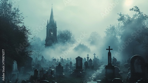 A ghostly fog over a graveyard, bones eerily visible through the haze photo