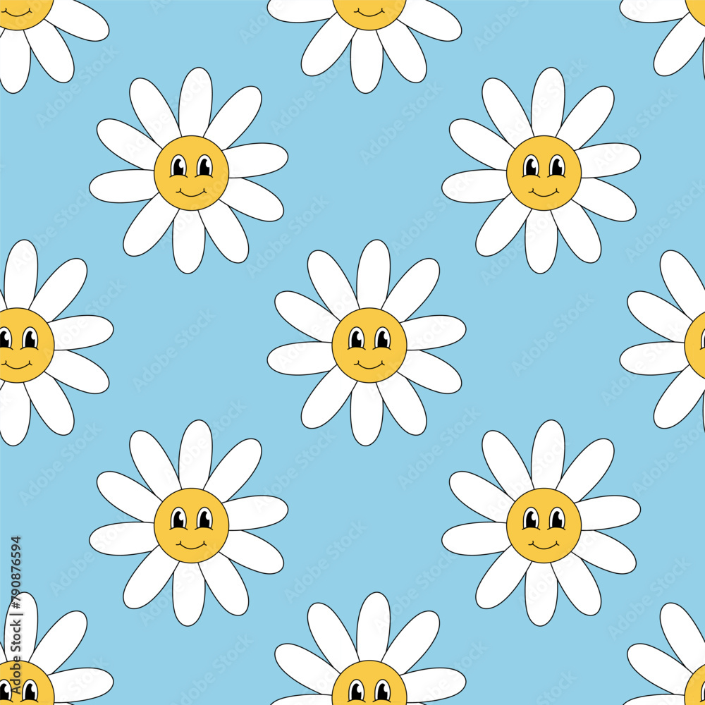 Retro 70s 60s 80s Hippie Groovy cute Daisy Flowers Seamless Pattern. Smiling face. Chamomile Flower power element. Vector flat illustration on blue background.