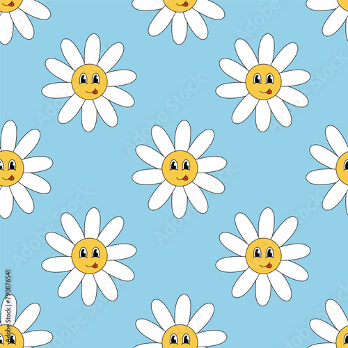 Retro 70s 60s 80s Hippie Groovy cute Daisy Flowers Seamless Pattern. Smiling face. Chamomile Flower power element. Vector flat illustration on blue background. © Daria Novikova