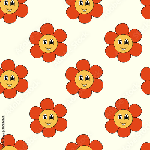 Retro Seamless Pattern 70s 60s 80s Hippie Groovy cute Red Flower with toothy smile face. Flower power. Vector flat illustration.