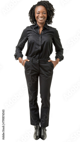 Full body photo of a smiling black female teacher, isolated on white