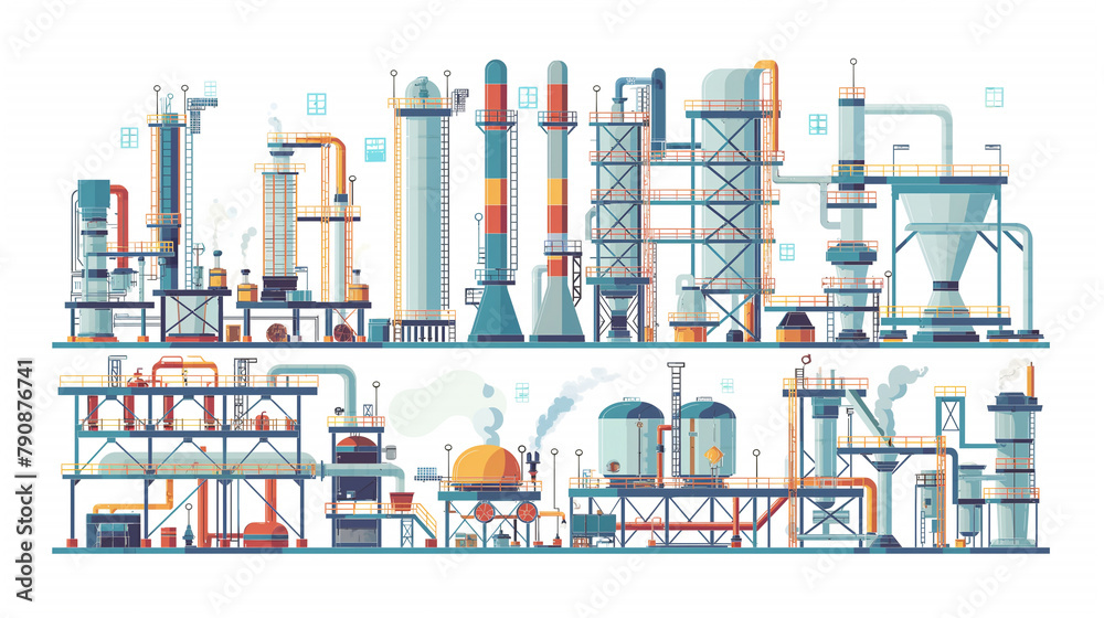 Set of factory or industrial buildings, power plant being built in flat style, refinery or nuclear power plant. Industrial building, eco-style concept, factory, urban landscape Set of factory or industrial buildings, power plant being built in flat style, refinery or nuclear power plant. Industrial building, eco-style concept, factory, urban landscape