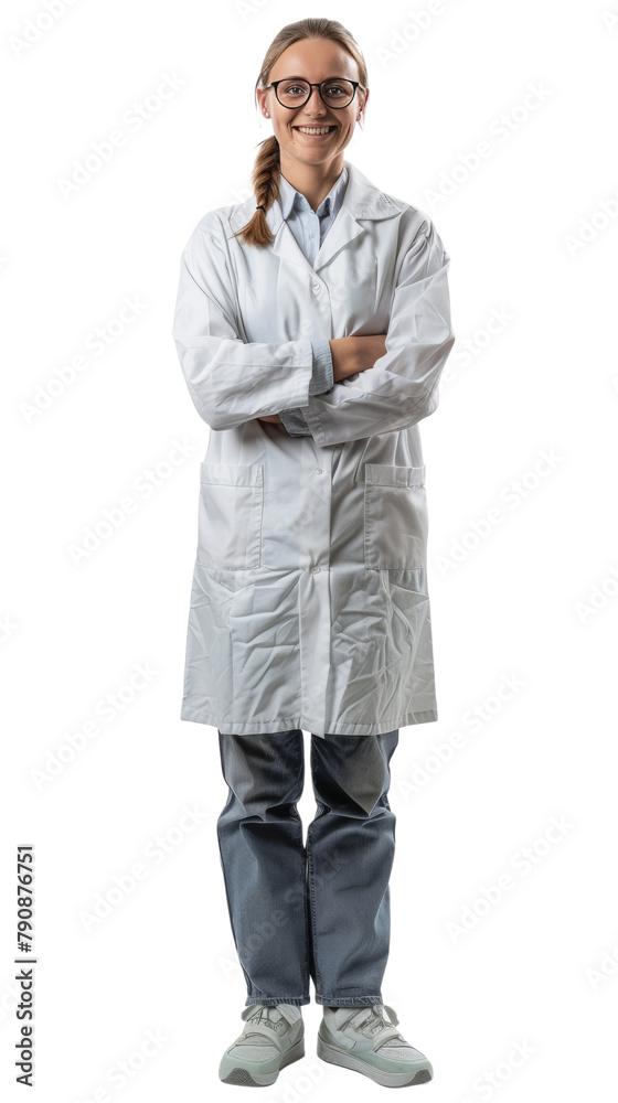 Full body photo of a smiling white female scientist, isolated on white