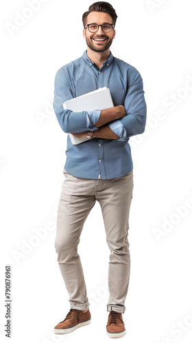 Full body photo of a smiling white male teacher, isolated on white