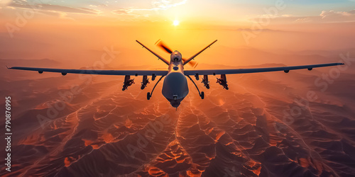 drone with bomb flying over war landscape photo
