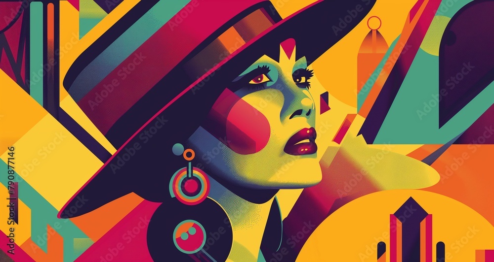 Art Deco style poster with bold, stylized graphics and a vibrant color scheme