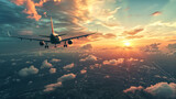 Commercial airplane in flight heading towards a beautiful sunset, with scenic cloudscape and city below.
