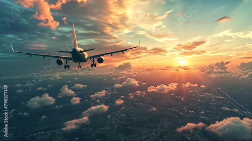 Commercial airplane in flight heading towards a beautiful sunset, with scenic cloudscape and city below. 