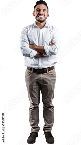 Full body photo of a smiling hispanic male engineer, isolated on white