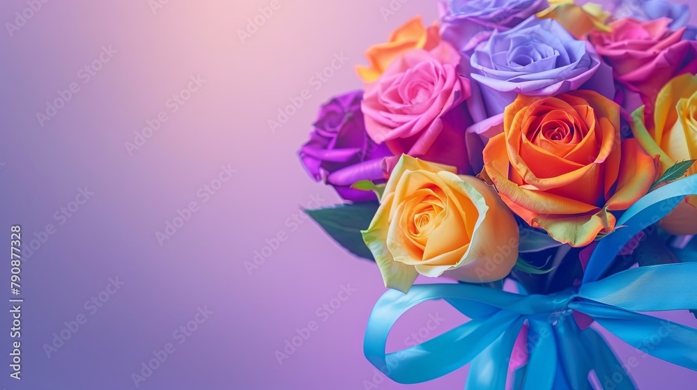 Vibrant rainbow colored rose bouquet with satin ribbon against pastel background Vibrant rainbow colored rose bouquet with satin ribbon against pastel background
