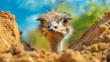 Curious ostrich head peeking over sandy mound against a blue sky