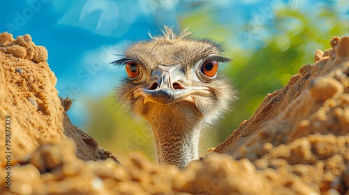 Curious ostrich head peeking over sandy mound against a blue sky