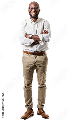 Full body photo of a smiling black male teacher, isolated on white