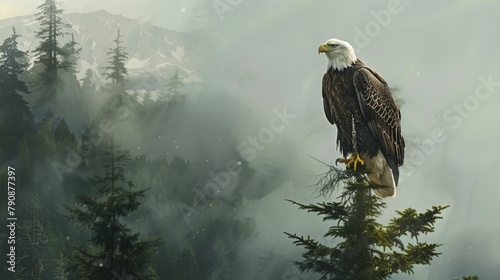 Regal bald eagle perched atop a towering tree, its piercing gaze surveying the forest below. © basran