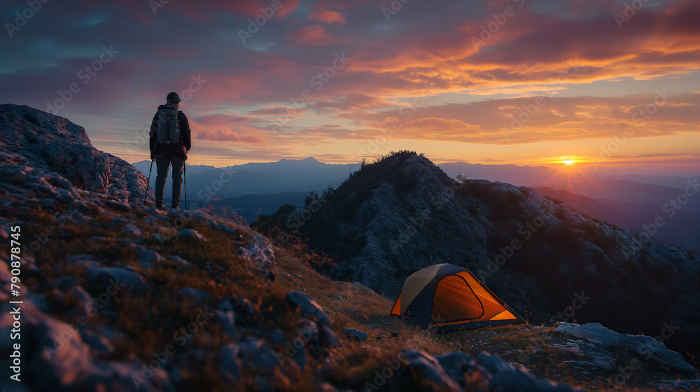 Climbers with backpacks relax on top of mountain and enjoy cliff sunrise with mountain scenery in the background. Sunny day and blue sky