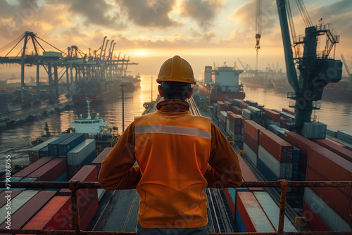 “Sunset at the Port” A man in safety gear overlooks a busy cargo port at sunset.