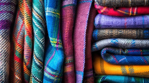 Vibrant assortment of colorful woven blankets in close-up