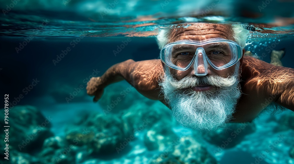 Fototapeta premium Joyful Senior Man Taking a Selfie While Snorkeling in a Clear Ocean