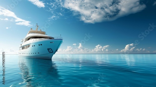 Luxurious White Yacht Cruising on Calm Blue Ocean Waters Under Sunny Skies