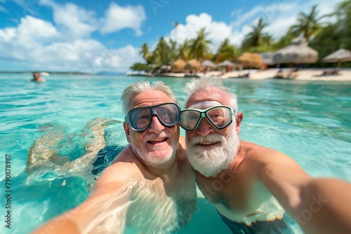 Senior Couple Enjoying Snorkeling in Tropical Waters, Taking a Fun Selfie